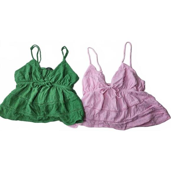 wild fable Tops - Wild Fable Two-Piece Summer Baby Doll Crop Top Set - Green &‎ Pink Size S/M